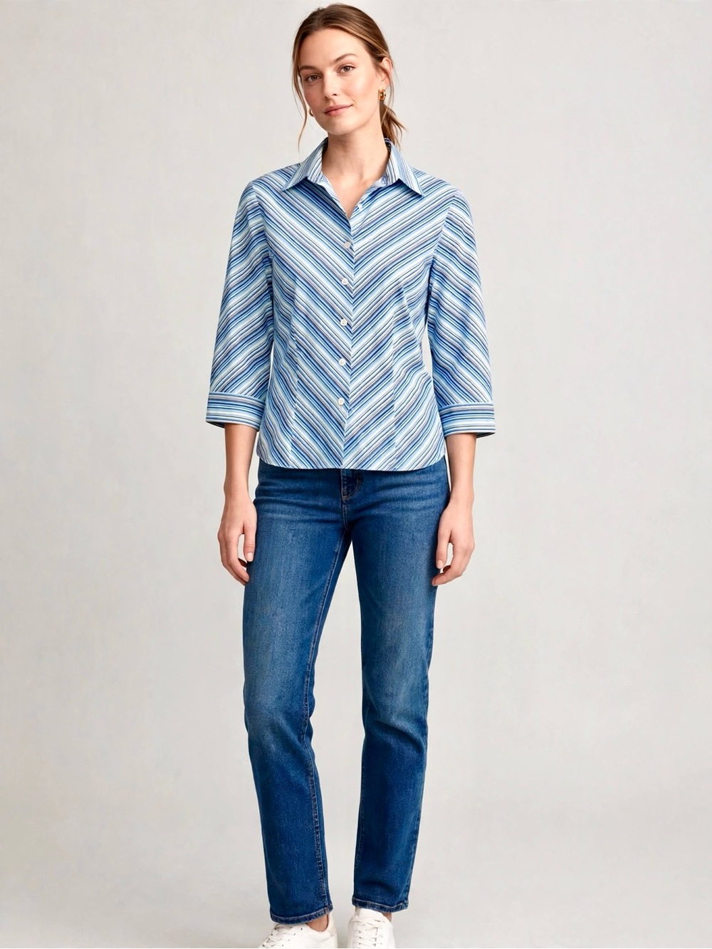 Quickreflex 100% Cotton Multi-Blue Chevron Striped Button Down Shirt - Size S